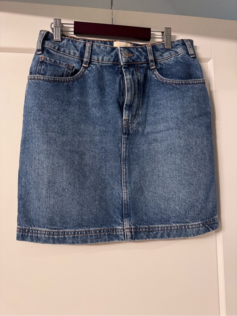 Sezane Blue Denim Mini Skirt - Classic Straight Silhouette